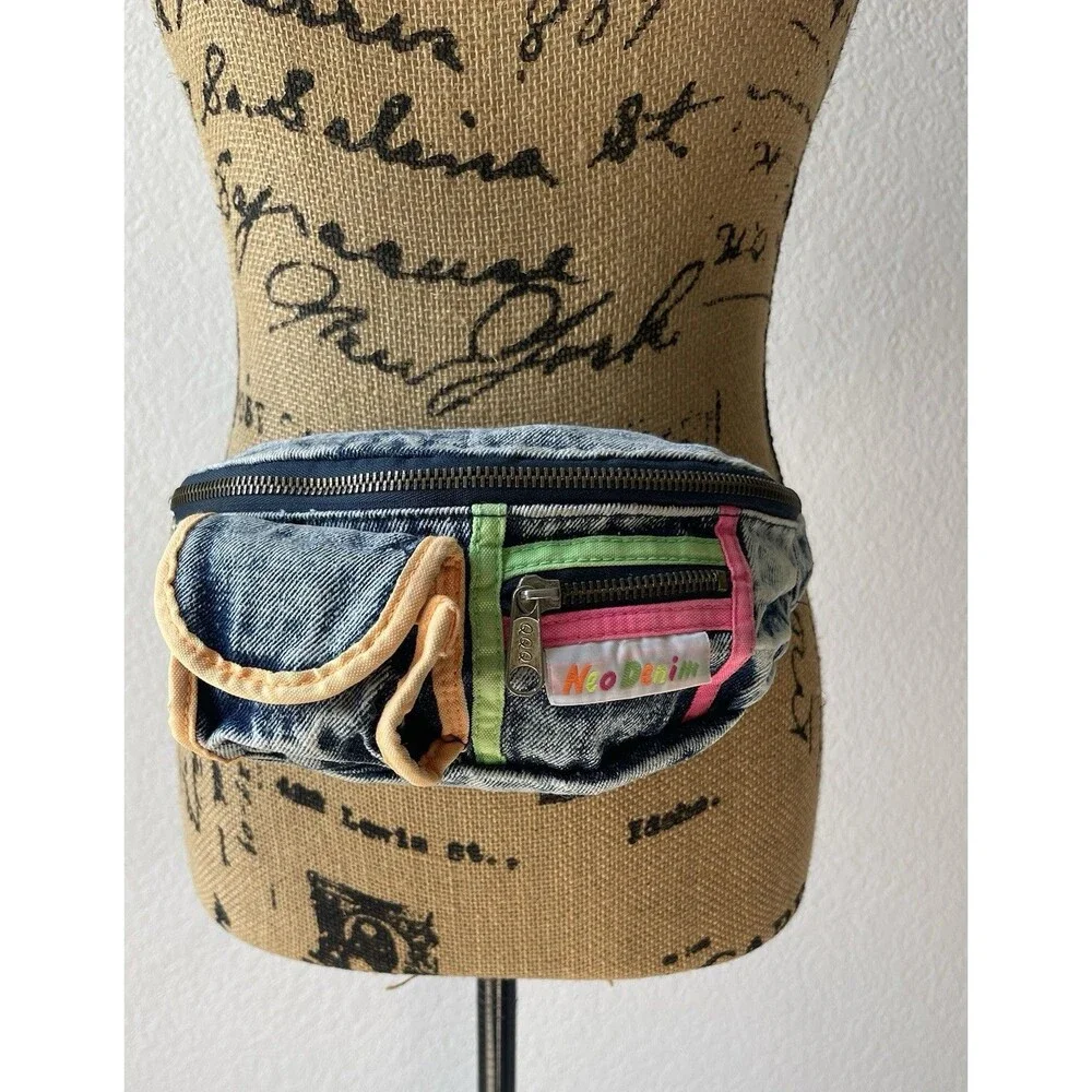 Vintage 80s 90s Neo Denim Acid Wash Denim Fanny Pack Neon Y2K